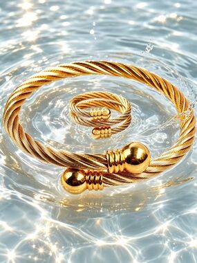 Gold Twisted Cable Cuff Bracelet and Ring Set